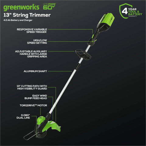 No Hassle 60V Cordless String Trimmer And 540 CFM Air Blower Yard Work Combo Set Featuring 13 Inch Dual Line Bump Head Battery Charger Included, showcasing 13" string trimmer with aluminum shaft and adjustable handle.