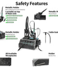 Safety features of the All-In-One Micro Soldering And Hot Air Rework Station With Microsoldering Iron, Hot Tweezers, and tools detailed.
