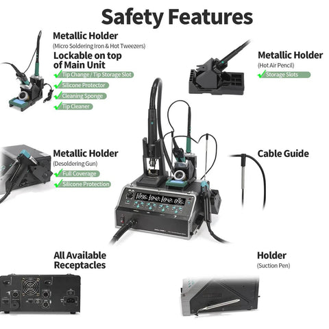 Safety features of the All-In-One Micro Soldering And Hot Air Rework Station With Microsoldering Iron, Hot Tweezers, and tools detailed.