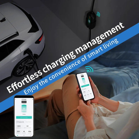 Supercharge Your Ride With This 40 Amp Level 2 EV Charger Featuring Portable J1772 Design And Nema 14-50p Plug For Hella Fast At Home Charging Delivering 9.6 Kw. User monitoring EV charging via smartphone app while connected to charger.