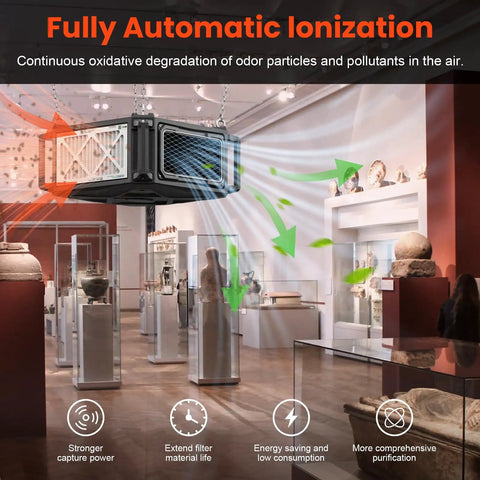270 Degree Air Filtration System With Built In Ionizer And Remote Control, 780 CFM Hanging Dust Collector in a gallery setting