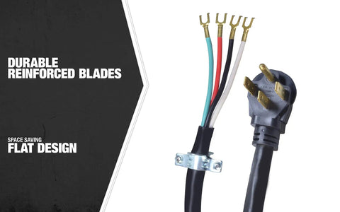 Heavy Duty 50 Amp Range Power Cord With Four Prong Flat Plug, Four Feet, One Quarter Inch Flanged Terminals, plug and wires visible