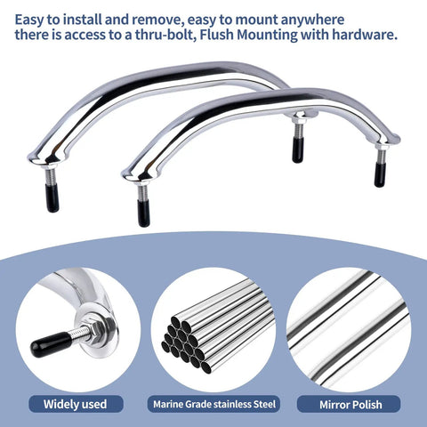 Two Pack Beefy Marine Stainless Boat Grab Handle, Heavy Duty Round Tube Handrail With Flange And Stud, Mirror Polished Finish, Anti Corrosion, 8-1/4 Inch Long, showing mirror polish and mounting details.