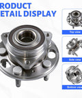 Product detail display of Wheel Hub And Bearing Assembly 513288 For Chevy Malibu Buick Regal Cadillac XTS Impala Buick LaCrosse Equinox GMC Terrain Saab 9 5 With ABS 5 Lug Front And Rear Replacement Upgrade For Your Ride, showing top, side, and bottom views in metal finish.