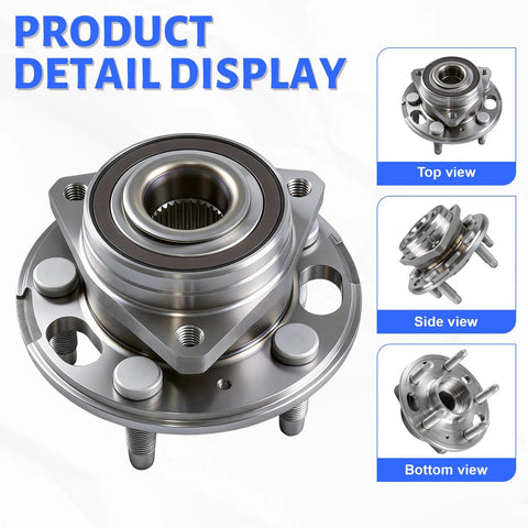 Product detail display of Wheel Hub And Bearing Assembly 513288 For Chevy Malibu Buick Regal Cadillac XTS Impala Buick LaCrosse Equinox GMC Terrain Saab 9 5 With ABS 5 Lug Front And Rear Replacement Upgrade For Your Ride, showing top, side, and bottom views in metal finish.