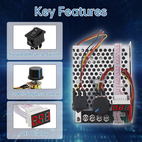 Ultra Tough Pwm Dc Brushed Motor Speed Controller Featuring Bright Tunable Digital Readout For Rock Solid Ten To Fifty Five Volts Input And Badass Sixty Amp Continuous Kick with key features display.