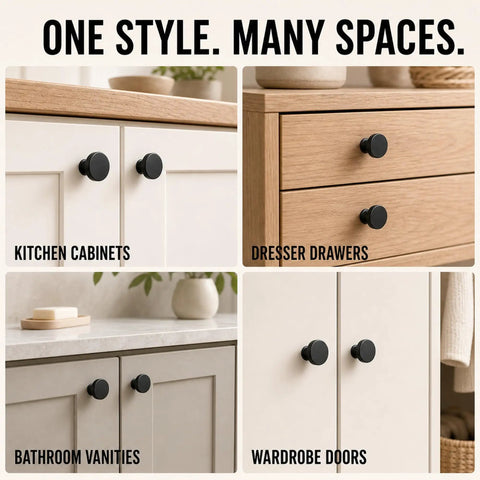 Rock Solid Matte Black Cabinet Knobs 20 Pack Round Zinc Alloy Drawer Handles on kitchen cabinets and dressers