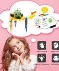 Four Pack Doodling Robot Kit For Kids Ages Eight To Twelve, bulk STEM toy set with robot parts and child illustration
