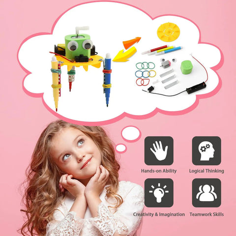 Four Pack Doodling Robot Kit For Kids Ages Eight To Twelve, bulk STEM toy set with robot parts and child illustration