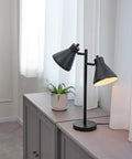 18 Inch Two Light Desk Lamp With Industrial Style Pivoting Heads Matte Black Finish And Dual Switches With E26 Base