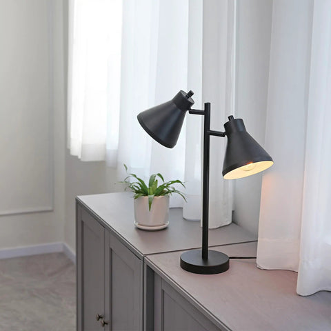 18 Inch Two Light Desk Lamp With Industrial Style Pivoting Heads Matte Black Finish And Dual Switches With E26 Base