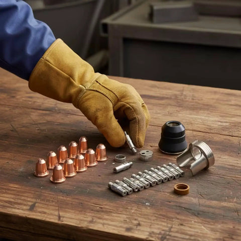 Pro Grade Torch Consumables Kit With Cutter Nozzles Electrodes Retaining Cap Insulating Cap And Washers, Heavy Duty Spare Parts For Fabrication Shops, Repair Garages, And Home Workshops, copper nozzles and electrodes on workbench
