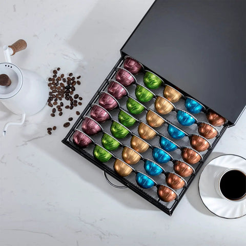 Dope Metal Nespresso Pod Holder Drawer for Vertuo 50 Pod Capacity, black organizer with colorful pods on a marble counter