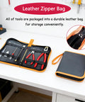 Open and closed leather zipper bag showing Pro Grade Glass Cutting Tool Set Kit With Nipper, Running Plier, Breaking Plier, Oil Feed Cutter.