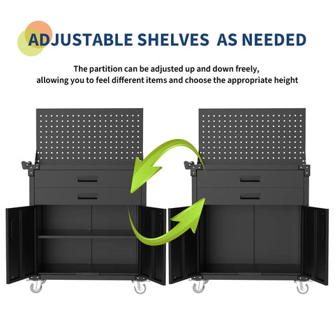 Open view of Heavy Duty Rolling Tool Cabinet With Two Drawers, Pegboard And Four Locking Wheels, highlighting adjustable shelves.