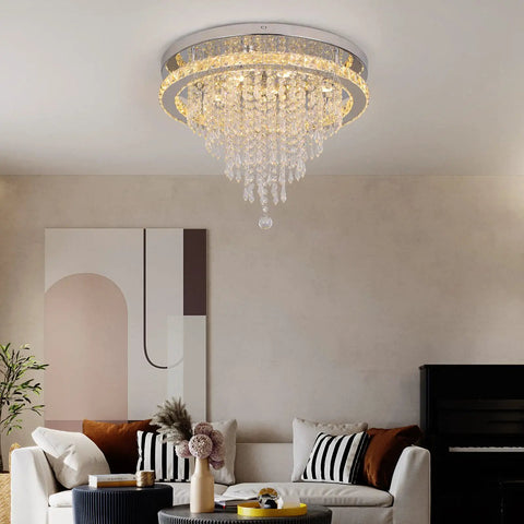 Crystal Chandelier LED Ceiling Light 19.6 Inch Flush Mount for Living Room Bedroom Kitchen Dining Room Modern Sparkle Fixture