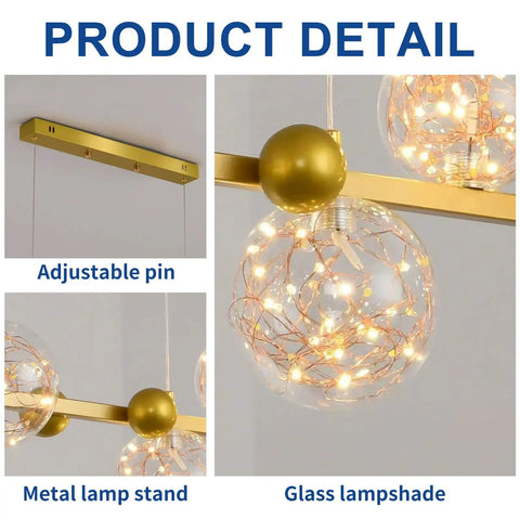 Detailed view of metal lamp stand, glass lampshade, and adjustable pin on Dope Modern 5-Light Chandelier Fixture With Brushed Nickel Finish