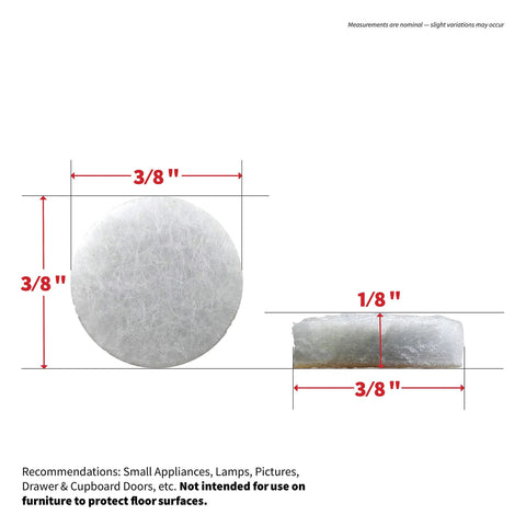 White felt pad with dimensions 3/8" diameter, side view shows 1/8" thickness, part of Self Adhesive Three Eighths Inch Felt Furniture Pads Pack Of Seventy Five White Sliders That Let You Glide Heavy Furniture Across Carpets Without Snags Or Damage Great For Home Or Office