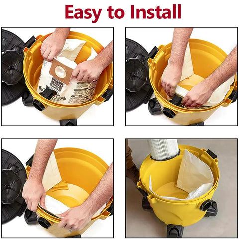 5-8 Gallon Shop Vac Bags Type E And Type H Compatible With Most 5 To 8 Gallon Wet Dry Vacuums being installed in yellow vacuum