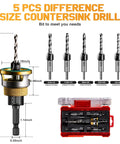 Pro Grade Countersink Drill Bit Set For Woodworking 4 Piece M2 HSS Bits With Aluminum Alloy Depth Stop Collar Anti Scratch 82 Degree Counterbores Hex Shank One Quarter Inch, shown with dimension details and red storage case.
