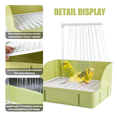 Spacious Expandable Indoor Bird Bath Fountain With Automatic Circulating Faucet And USB Pump Large Bird Bath For Parrots And Small Birds Easy Clean Green showing green basin with budgies and detachable grid for easy cleaning.