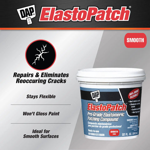 ElastoPatch Smooth Flexible Patching Compound For Walls White 32 Oz Crack Filler That Will Not Shrink Dries Tack Free