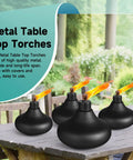 Six Pack Metal Table Top Torches For Outdoor Use Citronella Fueled Refillable Flame Lights With Wicks And Covers on patio table
