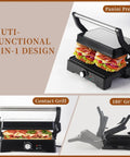 Big Panini Press Grill Sandwich Maker 3 In 1 Opens Flat To 180 Degrees For Versatile Cooking Includes Browning Levels for grilling sandwiches.