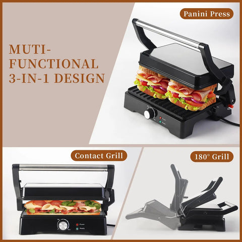 Big Panini Press Grill Sandwich Maker 3 In 1 Opens Flat To 180 Degrees For Versatile Cooking Includes Browning Levels for grilling sandwiches.
