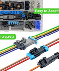 Weather Pack 2 Pin Waterproof Automotive Electrical Connectors Kit For 14-12 AWG Wire shown with colored wires and terminals