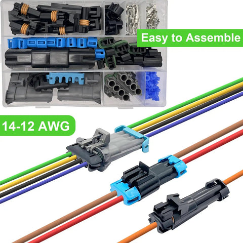 Weather Pack 2 Pin Waterproof Automotive Electrical Connectors Kit For 14-12 AWG Wire shown with colored wires and terminals