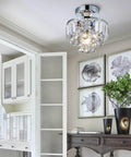 Modern Chrome Crystal Semi-Flush Mount LED Chandelier Ceiling Light For Dining Room Living Room Bedroom And Bathroom 9 Inch Diameter 10 Inch Height Crystal Tube Design Tarnish-Resistant And Durable in elegant living space.