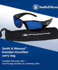 Elite Safety Glasses With Blue Mirror Lenses Black Frame ANSI Z87.1 Rated Outdoor Sunglasses displayed with microfiber bag.