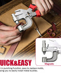 Heavy Duty Fastener Kit With 400 Pieces in use, showing built-in punch tool for installing metal buckles on leather.