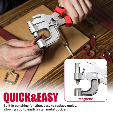 Heavy Duty Fastener Kit With 400 Pieces in use, showing built-in punch tool for installing metal buckles on leather.