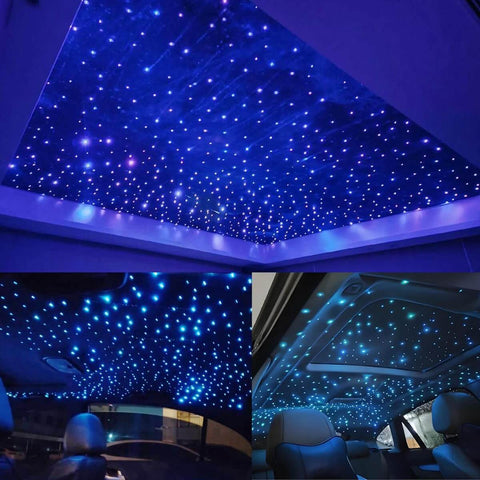 Lit Twinkle Fiber Optic Star Ceiling Kit With 16W RGBW Lights in car interior, showing blue ambient starry lighting.