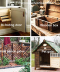 Composite image showing a bi-folding door, a wooden storage box, small fence gates, and a pet gate, illustrating product applications.