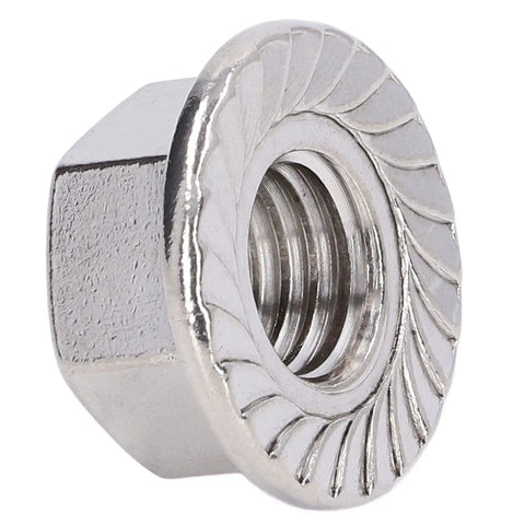 Close-up of a single nut from the 50 Piece Stainless Steel Flange Nut Set A2 70 DIN1587 Built To Last Rustproof Locking Nuts
