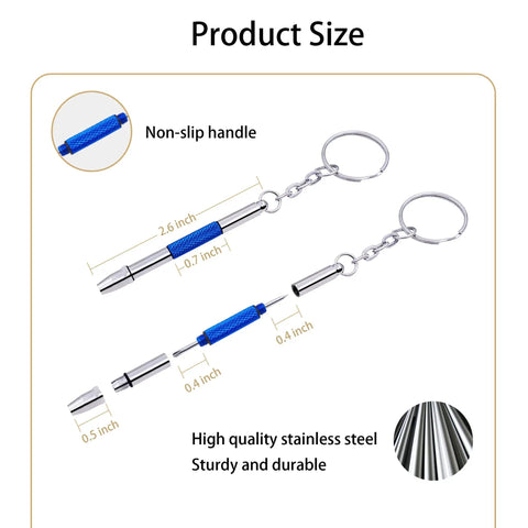 4 Pcs Mini Eyeglass Screwdriver Set 4 In 1 Precision Kit keychain sized with blue non-slip handle, stainless steel.