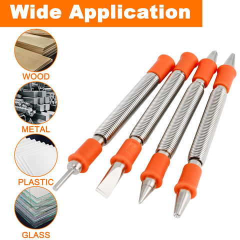4 Piece Dual Head Nail Setter And Center Punch Kit with orange handles for metal, wood, plastic, glass applications