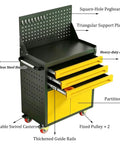 Rolling Metal Tool Cart With Two Drawers, Pegboard Back Panel And Hooks, Heavy Duty Utility Cart For Workshop, Garage Or Warehouse, Adjustable Dividers, Large Top Work Surface, Sturdy Blue Steel Build, two-drawer side view