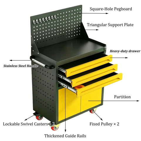 Rolling Metal Tool Cart With Two Drawers, Pegboard Back Panel And Hooks, Heavy Duty Utility Cart For Workshop, Garage Or Warehouse, Adjustable Dividers, Large Top Work Surface, Sturdy Blue Steel Build, two-drawer side view