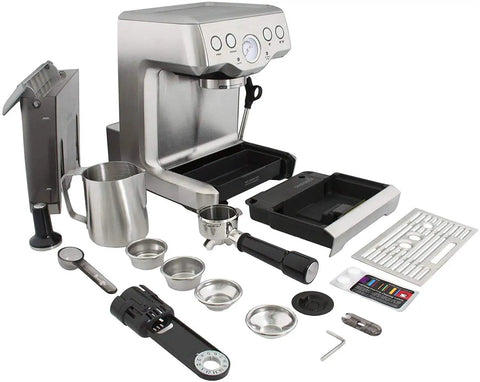 Pro Level Espresso Machine With A Rock Solid Steam Wand For Silky Microfoam And Volumetric Shot Control In Heavy Duty Brushed Stainless Steel Frame with accessories laid out.