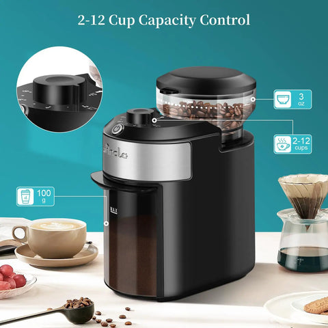 Flat Burr Coffee Grinder With 28 Custom Grind Levels For Espresso And Drip Brews, featuring 2-12 cup capacity control and easy clean design.