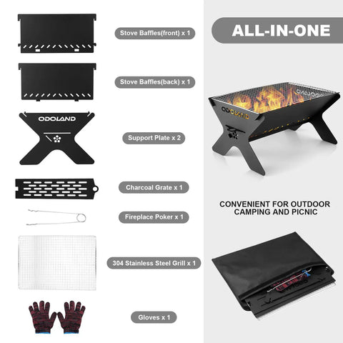 Portable Folding Charcoal Grill For Outdoor Cooking And Campfires displayed with accessories including bag and gloves