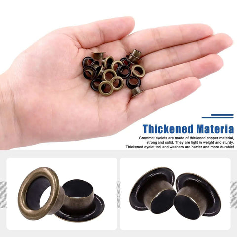 Hand holding 200 pcs 6mm bronze grommet eyelets with washers for fabric, canvas, curtain, leather repair, durable thickened metal grommets.