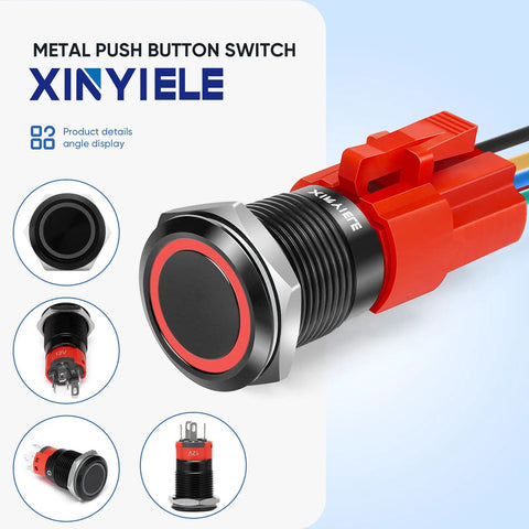 12V Latching Push Button Switch With Waterproof LED Ring Red Light For Car On Off Power Button 0.63 Inch Mount Hole