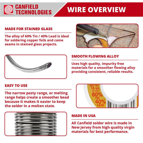 Canfield Technologies wire overview highlighting 60/40 Solder For Stained Glass 1Lb Spool Virgin Tin Lead Alloy made in USA.
