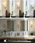 Set Of Two Rechargeable Battery Operated Wall Sconces Featuring Gold Glass Shades ambient lighting with touch control and dimming options.