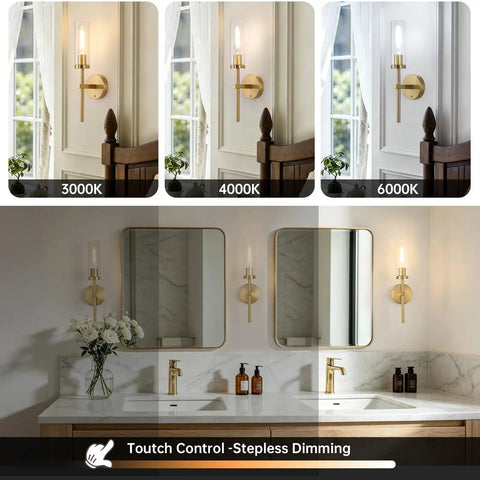 Set Of Two Rechargeable Battery Operated Wall Sconces Featuring Gold Glass Shades ambient lighting with touch control and dimming options.